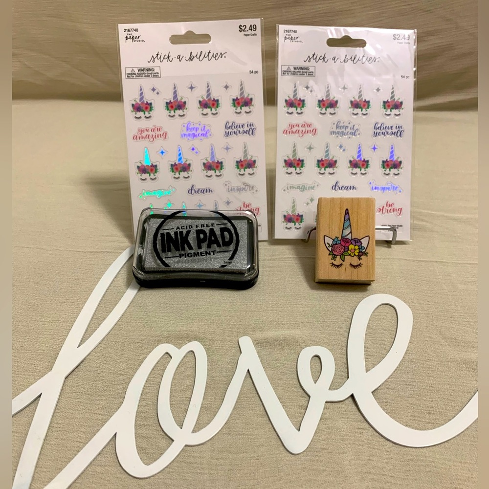 108 pc Flower Unicorn Stickers With Affirmations & 1 Rubber Stamp & Ink Pad